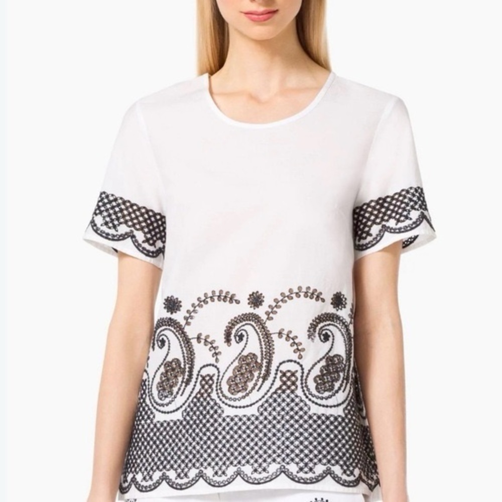 Michael Kors White and Black Patterned Short Sleeve Top, XS